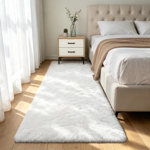 Miniatura 11 de Alfombra peluda para dormitorio, sala de estar, 2 x 6 pies, antideslizante, esponjosa, suave, alfombra lanuda beige y blanca para sala de estar