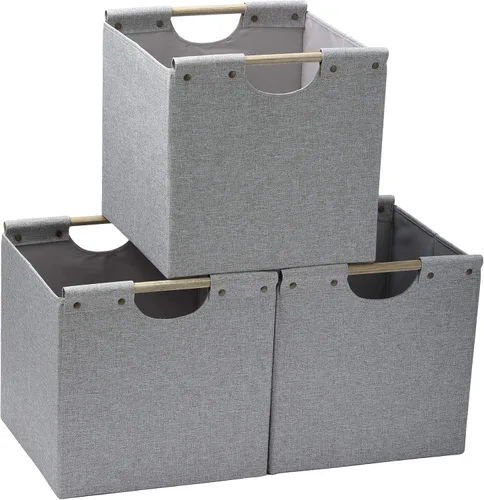 Miniatura 10 de HOONEX Contenedores de almacenamiento plegables, cubos de almacenamiento de tela de lino de 12 x 12 x 12 pulgadas, paquete de 3, cestas