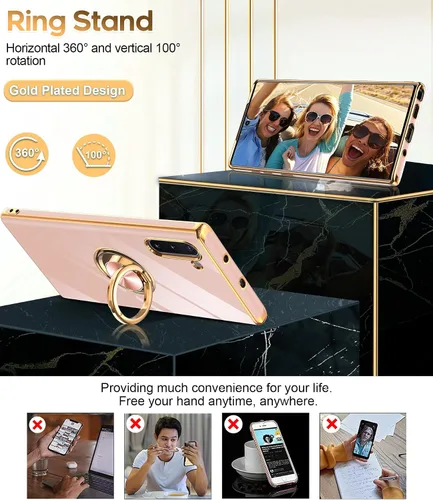 Miniatura 3 de LeYi Funda para Note 10 - Soporte de anillo giratorio de 360°, soporte magnético, funda protectora con borde de oro rosa chapado
