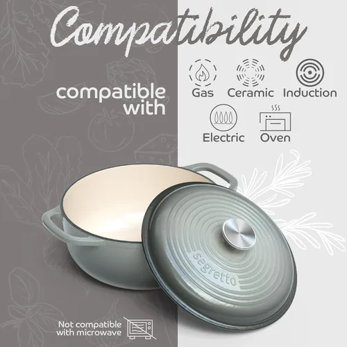 Miniatura 6 de Segretto Cookware Horno holandés de hierro fundido esmaltado con tapa, 4.57 cuartos de galón, Grigio Scuro (gris degradado) Horno holandés