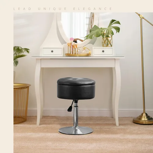 Miniatura 6 de LUE BONA Taburete giratorio de 360° para sala de maquillaje, taburete ajustable en altura para tocador con almacenamiento, pequeño cuero sintético