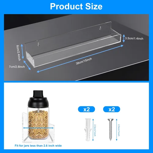 Miniatura 3 de Estante de especias acrílico transparente montado en la pared, estante flotante de 15 pulgadas con protectores de extremo extraíbles para armario