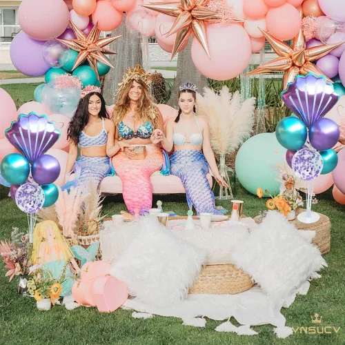 Miniatura 5 de Kit de soporte de globos de mesa de sirena, 2 juegos con 2 globos de aluminio de conchas marinas, 14 globos de látex azul púrpura para cumpleaños