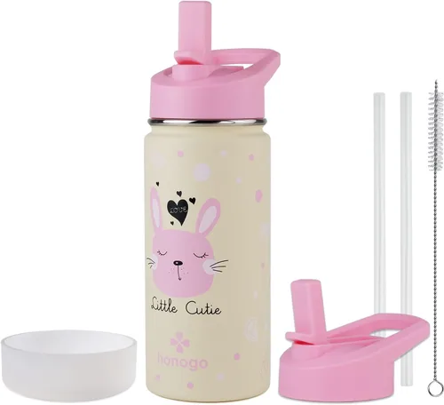 Miniatura 8 de Botella de agua para niños con aislamiento de acero inoxidable de 16 onzas, a prueba de fugas, termo de metal con tapa con pajilla, bonito vaso