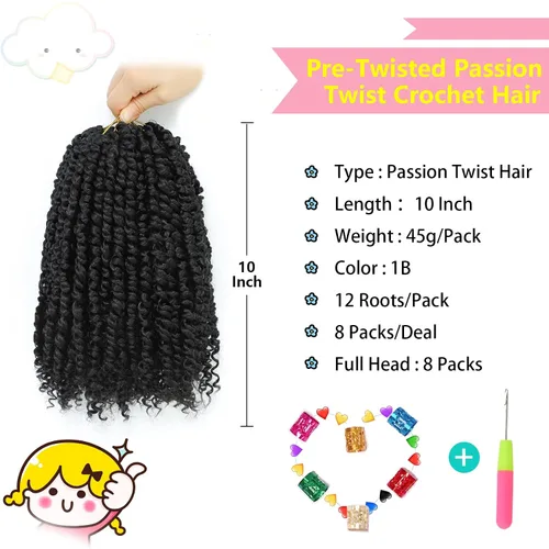 Miniatura 3 de Fulcrum Cabello Passion Twist de 10 pulgadas, 8 paquetes de cabello de ganchillo Passion Twist para mujeres negras, cabello pretrenzado de ganchillo