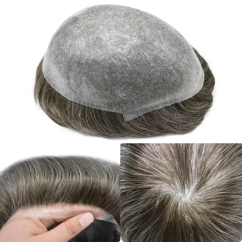 Miniatura 42 de Tupé de piel ultra fina para hombres pieza de cabello humano real sistema de reemplazo 0.002 in Mens Toupee Hairpiece para hombres V-Loop 8x10 80%