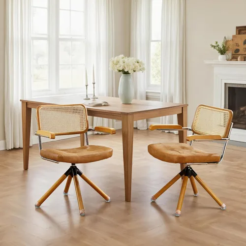 Miniatura 8 de Zouron Silla de escritorio de ratán sin ruedas, sillón tapizado de piel sintética, silla de oficina giratoria con respaldo de caña natural y patas