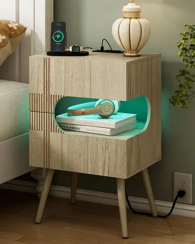 Miniatura 12 de JOONEE Mesita de noche negra con estación de carga y luces LED, moderna mesita de noche con 2 cajones de almacenamiento, mesita de noche con patas