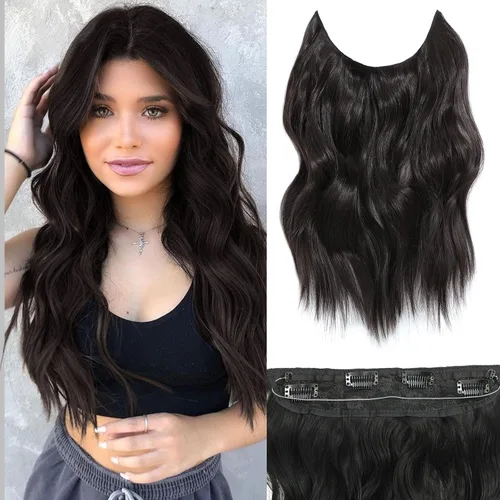 Miniatura 55 de Extensiones de cabello con halo de 12 pulgadas con alambre invisible, cabello largo ondulado ajustable, sintético, mejora con 4 clips de seguridad