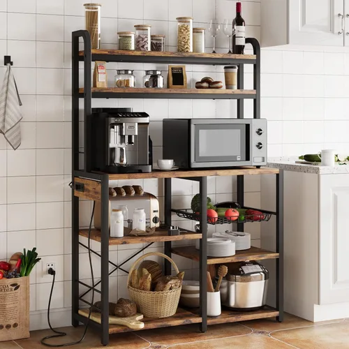 Miniatura 9 de IDEALHOUSE Estante para panaderos con toma de corriente, barra de café con cajón de alambre, soporte industrial para microondas, mesa de buffet