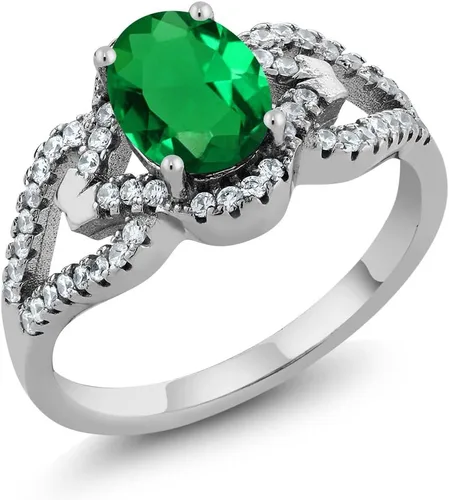 Gem Stone King Anillo de plata de ley 925 con esmeralda simulada verde para mujer, 2.12 quilates (disponible en 5,6,7,8,9), Metal Gema, esmeralda