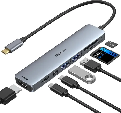 Adaptador HDMI USB C Hub para MacBook Pro/Air, MOKiN 7 en 1 USB C Dongle con HDMI, lector de tarjetas SD/TF, puerto de datos USB C, 100 W PD y 2 USB