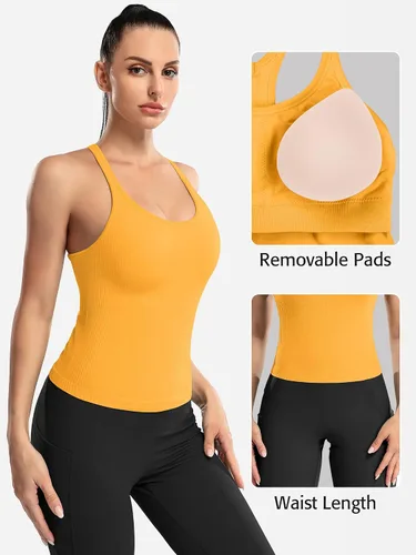 Miniatura 144 de ATTRACO Camiseta corta acanalada de entrenamiento para mujer con brasier integrado para yoga, espalda cruzada, ajuste ajustado