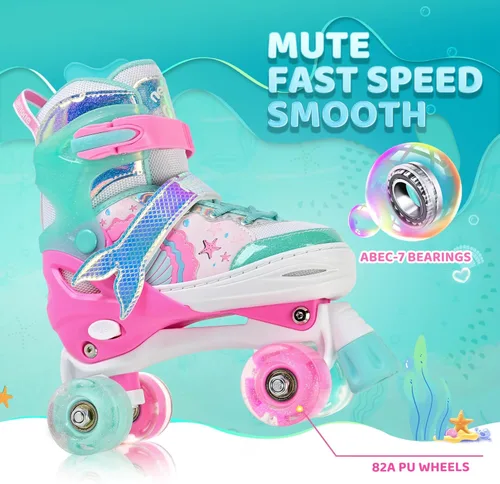 Miniatura 7 de NEMONE - Patines de sirena con ruedas iluminadas y 4 tamaños ajustables para niñas, azul y morado, para niños pequeños, para principiantes, de C