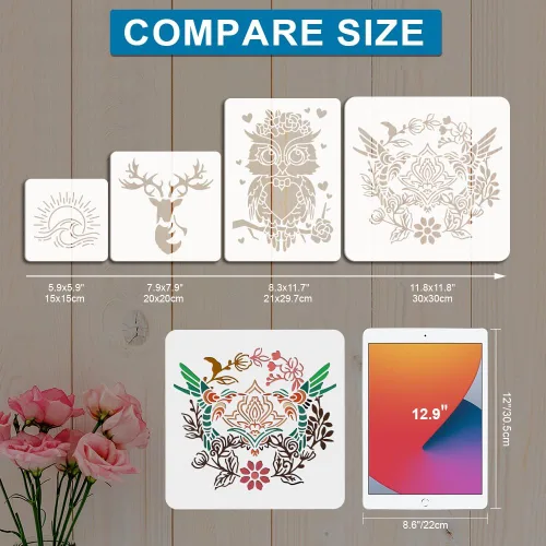 Miniatura 7 de MAYJOYDIY Juego de plantillas de azulejos de 4 piezas, plantillas de pintura de piso, plantillas mexicanas de mandala de 11.8 x 11.8 pulgadas