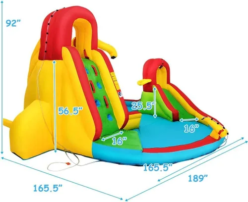 Miniatura 4 de HONEY JOY Tobogán acuático inflable, parque acuático inflable 7 en 1 con dos toboganes, pared de escalada y piscina de salpicaduras, manguera
