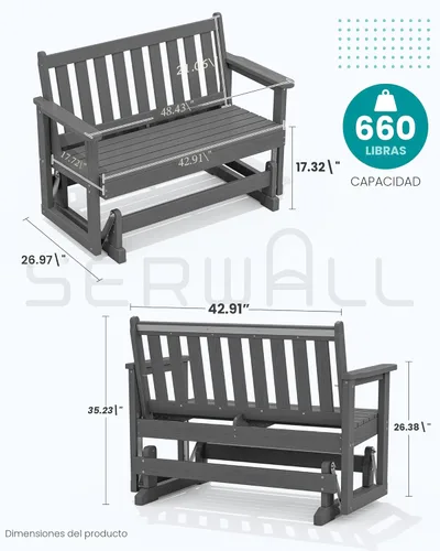Miniatura 2 de SERWALL Silla Mecedora Deslizante para Exteriores, HDPE Resistente a Todo Clima, Sofá Biplaza para 2 Personas, Banco Mecedor para Exteriores con Gris
