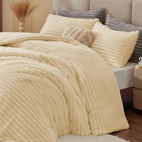 Miniatura 5 de BEDELITE - Juego de edredón de forro polar tamaño individual: ropa de cama supersuave y cálida en color beige, juego de cama de lujo esponjoso
