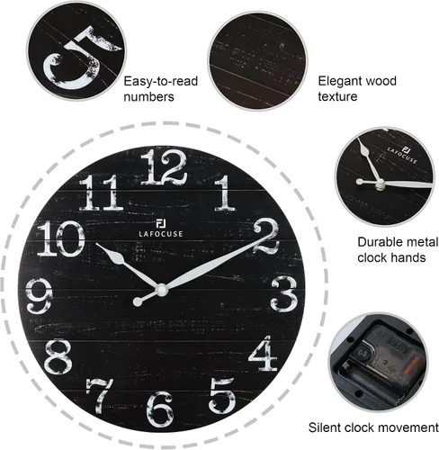 Miniatura 6 de Lafocuse Relojes de pared negros silenciosos de 12 pulgadas para decoración de cocina, sala de estar, reloj de pared rústico de madera, funciona