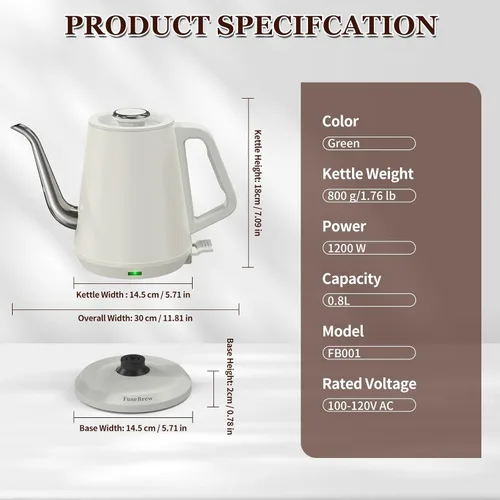 Miniatura 7 de Gooseneck Electric Kettle 0.8L, 1200W Fast Boiling Stainless Steel – Auto Shut-Off, Precision Pour Over Kettle for Coffee & Tea, Ideal for Small