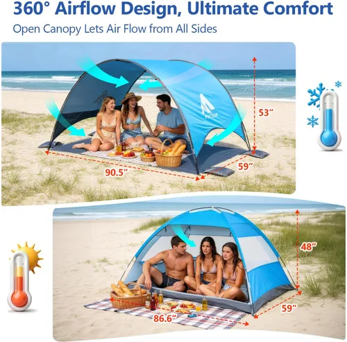 Miniatura 2 de Toldo para sombrilla de playa mejorado 2026 con protección UV UPF 50+, tienda de playa portátil para sol, ventilación de 360°, 4 bolsas de arena