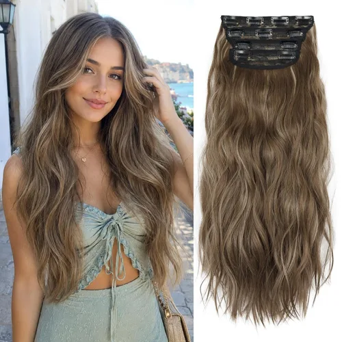 Miniatura 17 de Extensiones de cabello sintético con pinzas, largas y lacias, gruesas, extensiones de cabello natural de fibra de color rubio 613 de doble trama, 20