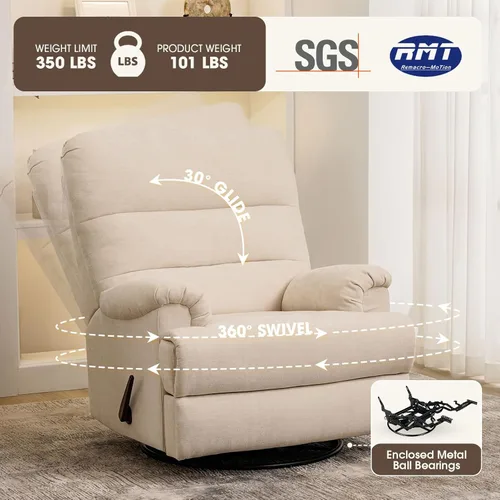 Miniatura 5 de Mecedora Divanus, grande, estilo balancín, reclinable, beige, giratoria, silla reclinable con respaldo alto, para cuarto de bebé o sala de estar
