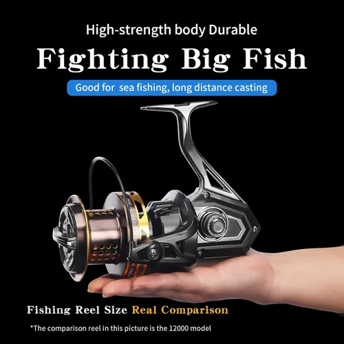Miniatura 5 de Big Game Surf Spinning Carrete de pesca 8000/12000, 44.1 lbs de potencia de arrastre sin holgura, asiento de carrete de metal, engranaje de aleación