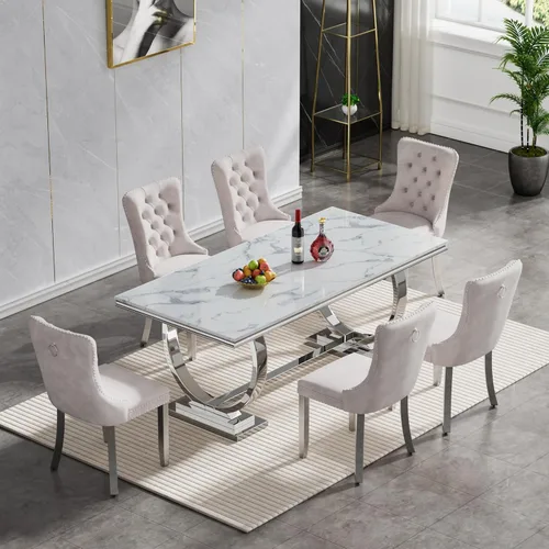 Miniatura 25 de Juego de mesa de comedor de mármol de 5 piezas para 4, mesa de cocina de lujo de 68 pulgadas de mármol negro dorado con 4 sillas tapizadas