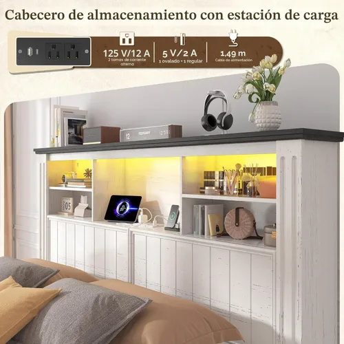Miniatura 5 de EnHomee Base de cama King y cabecero, marco de cama tamaño King con 4 cajones de almacenamiento, cama King con luces LED y puertos de carga,