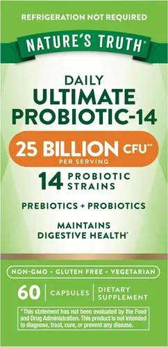 Nature's Truth Probióticos para hombres y mujeres | 25 mil millones de UFC | 60 cápsulas | 14 cepas | Suplemento de salud digestiva sin OMG y sin