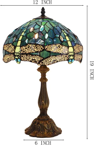 Miniatura 2 de Tiffany Lamp Stained Glass Table Lamp Bedside Reading Light W12H19 Inches (Sea Blue Dragonfly Style)
