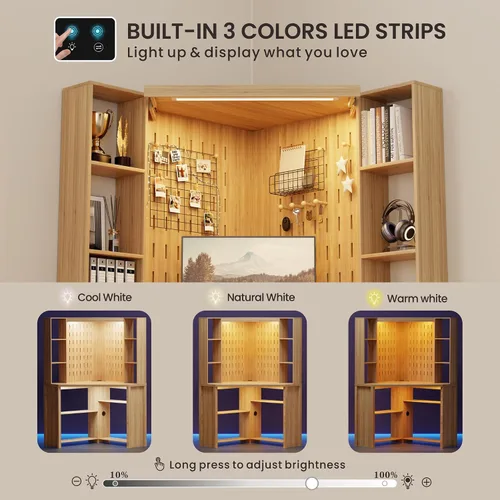 Miniatura 3 de Escritorio esquinero para computadora con luces LED, escritorio de estudio en forma de L con gabinete y estantes, escritorio triangular para oficina
