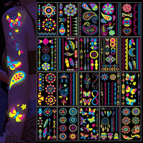 Tatuajes que brillan en la oscuridad, 170 piezas de neón UV luz negra reactiva tatuajes temporales brillantes suministros de fiesta calcomanías para