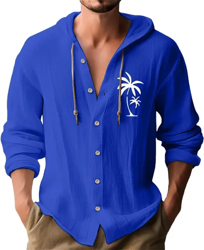 Miniatura 21 de Camisas de manga larga con botones para hombre, camisa con capucha a rayas verticales, casual, para vacaciones, verano, ligera, con cordón Z21