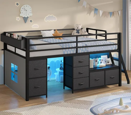ADORNEVE Cama baja tipo loft tamaño individual con 7 cajones de almacenamiento, estantería y luces LED, cama alta de metal para niños con barandilla