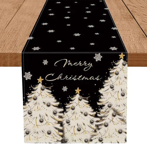 Camino de mesa de Navidad, árbol dorado, estrella, copo de nieve, negro, feliz Navidad, 13 x 36 pulgadas de largo, para invierno, vacaciones, hogar,