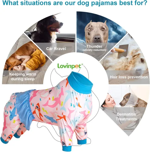 Miniatura 4 de LovinPet Camisa Pijama Grande para Perro - Protección UV, Pijama de Recuperación Post-Quirúrgica, Tela Elástica Ligera, Estampado Rosa Big Bites