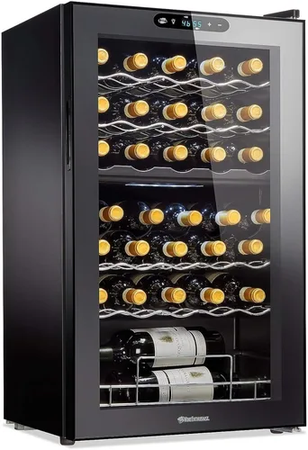 Wine Enthusiast Enfriador de vino con compresor MAX de doble zona de 32 botellas, mini refrigerador independiente con pantalla táctil digital,