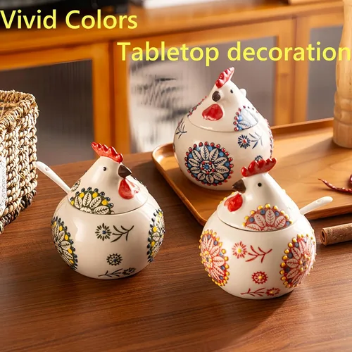 Miniatura 5 de Bodega de sal de cerámica con tapa y cuchara, tarro grande de sal de pollo de 13 onzas, soporte para sal para encimera, café, azúcar, especias y Rojo