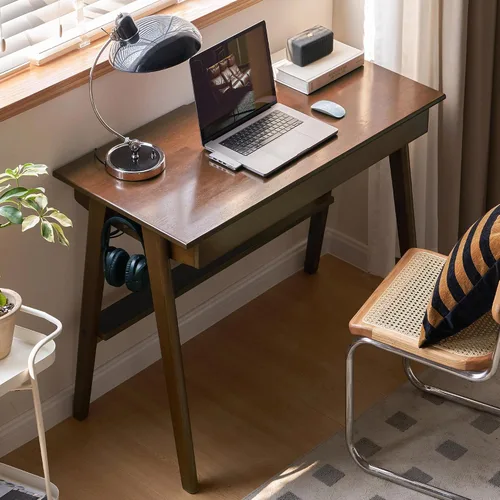 Miniatura 18 de Escritorio de madera maciza con acabado de nogal, escritorio pequeño para oficina en casa, escritorio de computadora para espacios pequeños