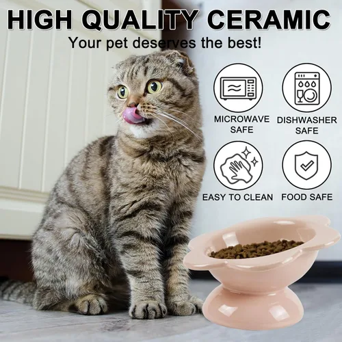 Miniatura 4 de Cuenco elevado de cerámica para gatos, Tazón de comida elevado inclinado de 15° para gatos, Alimentador para mascotas en forma de flor de porcelana