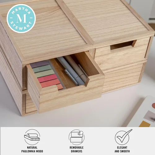 Miniatura 4 de Martha Stewart Weston Cajas de almacenamiento apilables de madera con cajones extraíbles, organizadores de almacenamiento de madera de Paulownia