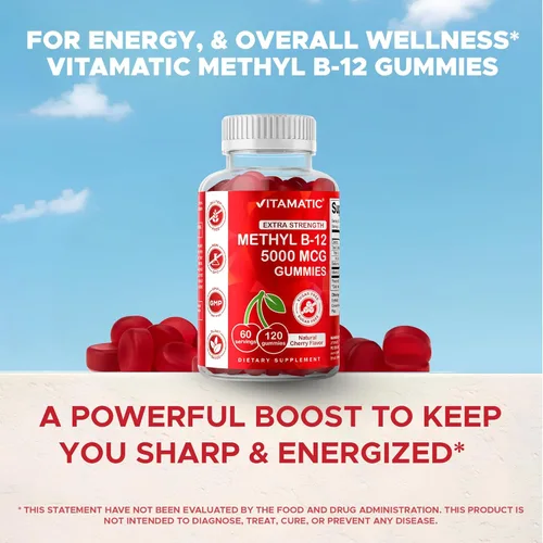 Miniatura 6 de Vitamatic Gomitas de vitamina B12 extra fuertes de 5000 mcg (metilo B12), 120 unidades, apoyo al metabolismo energético y apoyo a la salud