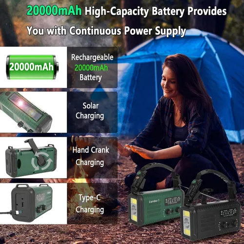 Miniatura 5 de Radio meteorológica de emergencia (Condor 1) NOAA/AM/FM con radio portátil de 74000 mWh, carga USB-C/solar/manivela, alarma SOS, linterna, lámpara