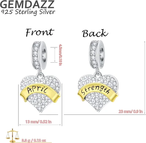 Miniatura 2 de GEMDAZZ Dijes de piedra natal de cumpleaños de enero a diciembre para pulsera de dije, 2 tonos de plata de ley 925 con cuentas de corazón