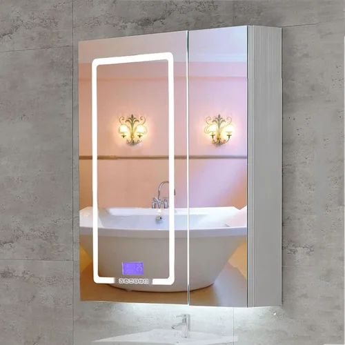 Miniatura 10 de Armarios de baño con espejo, gabinete de baño LED con estantes, armario de espejo de baño de almacenamiento con luces LED con luz ambiental y espejo