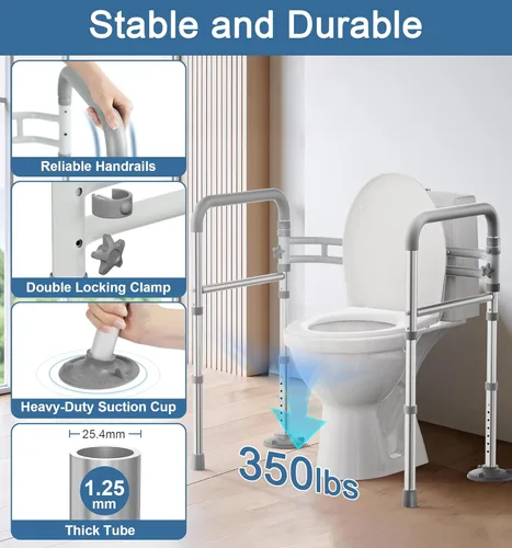 Miniatura 5 de HOMLAND Rieles de seguridad para inodoro para personas mayores, altura y ancho ajustables, asas de inodoro de 350 libras para ancianos