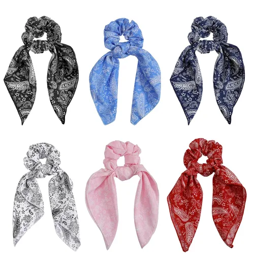 Miniatura 11 de Bufanda para el cabello, coleta de caballo con 6 bufandas, estampado de flores de cachemira, material de gasa, para mujeres y niñas, accesorios
