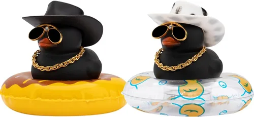 wonuu 2 piezas de decoración de tablero de automóvil patos de colores, pato de goma para accesorios de adorno de automóvil con mini sombrero, gafas